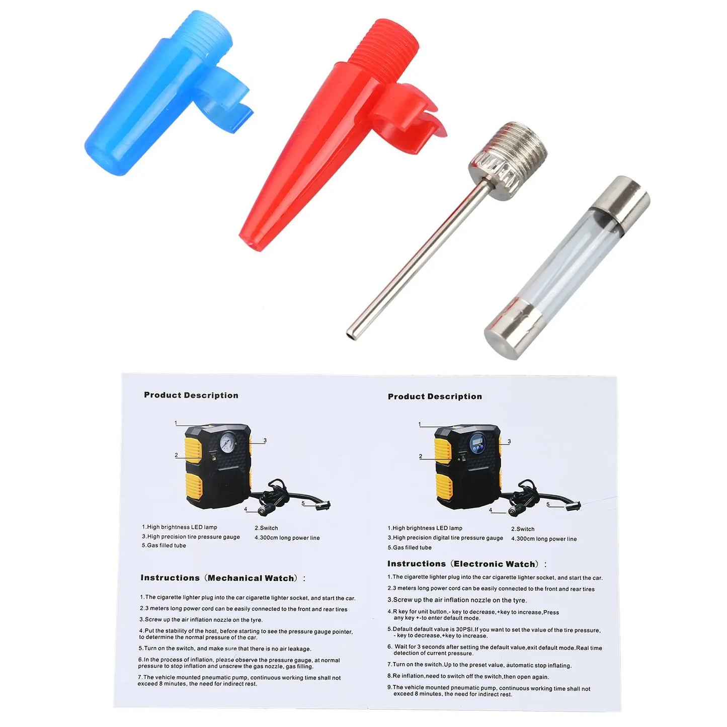 Portable air compressor 12V 150 psi for bicycles, motorcycles and cars.